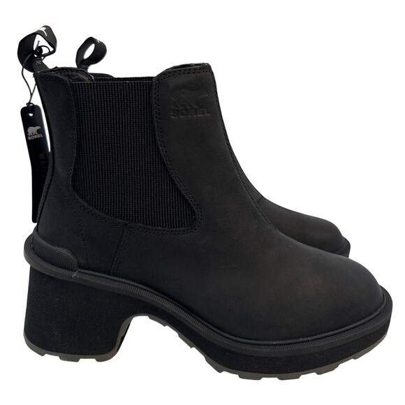 Sorel Hi Line Heel Chelsea Bootie Women's 7.5 Waterproof Leather Black Sea Salt - Picture 1 of 12